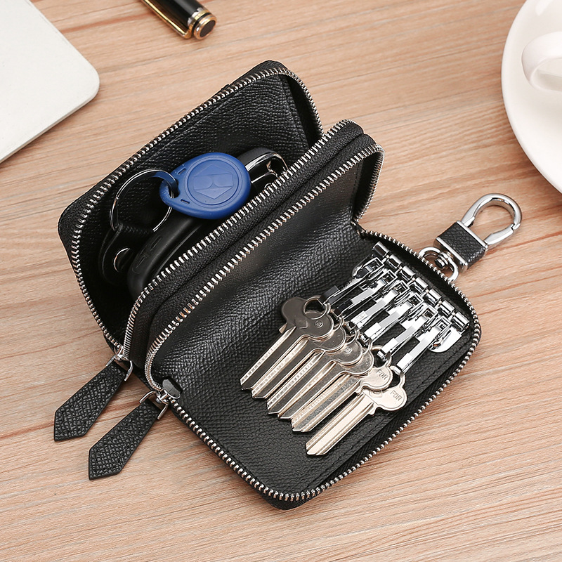 New car key bag Men's and women's leather multi-function double zipper door cowhide keychain coin purse