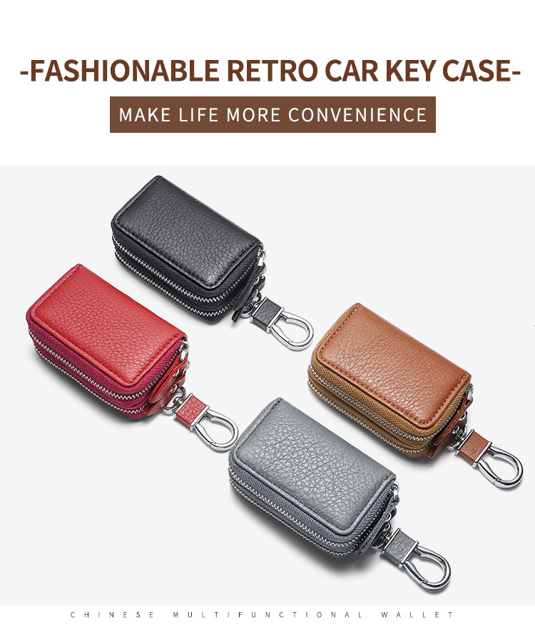 Multi-function double zip car key case Men's leather cowhide key case General Motor key case