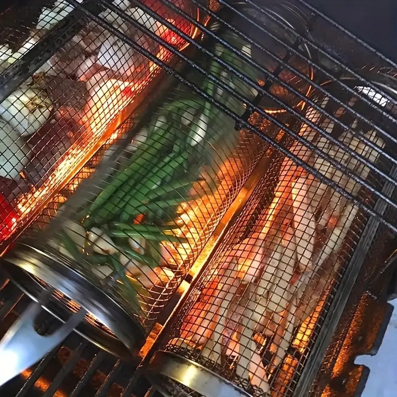 Stainless steel barbecue net Camping BBQ Outdoor barbecue net barbecue basket rolling barbecue cage
