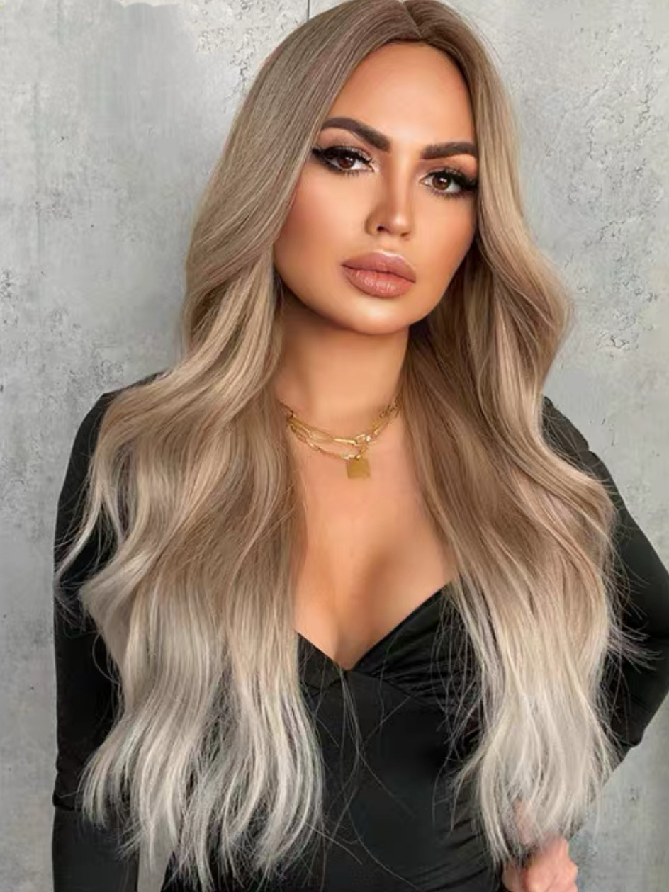 Brown blonde wig full head set medium long gradient natural curly hair