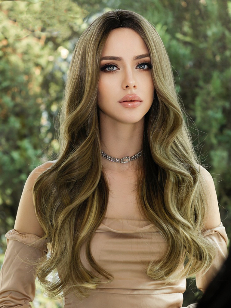 Brown blonde wig full head set medium long gradient natural curly hair