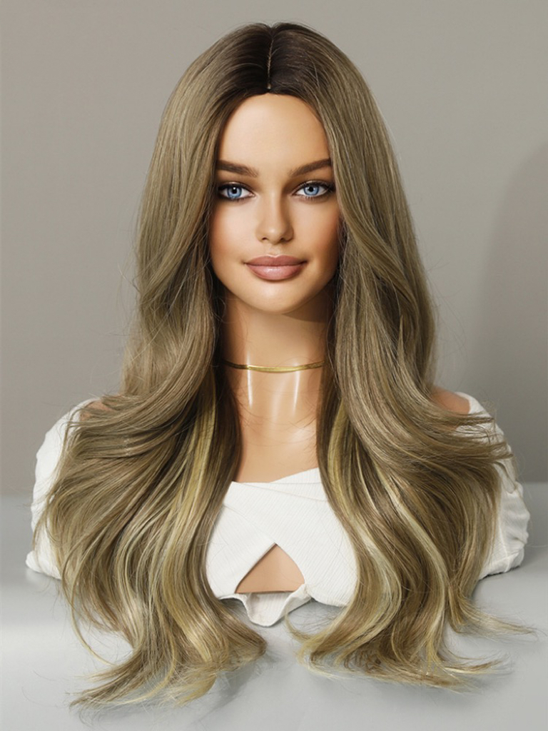 Brown blonde wig full head set medium long gradient natural curly hair