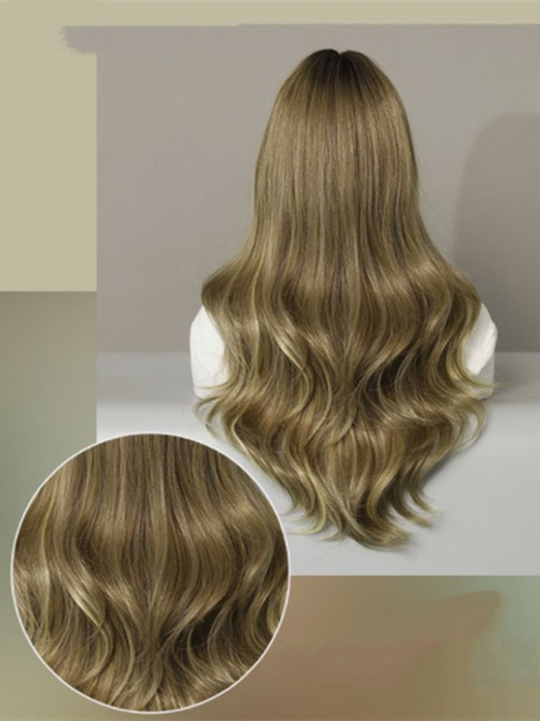Brown blonde wig full head set medium long gradient natural curly hair