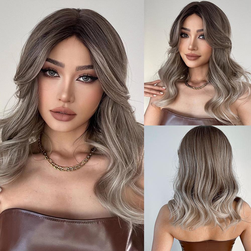 Gray brown gradient medium part French press Pop chemical fiber hair cover