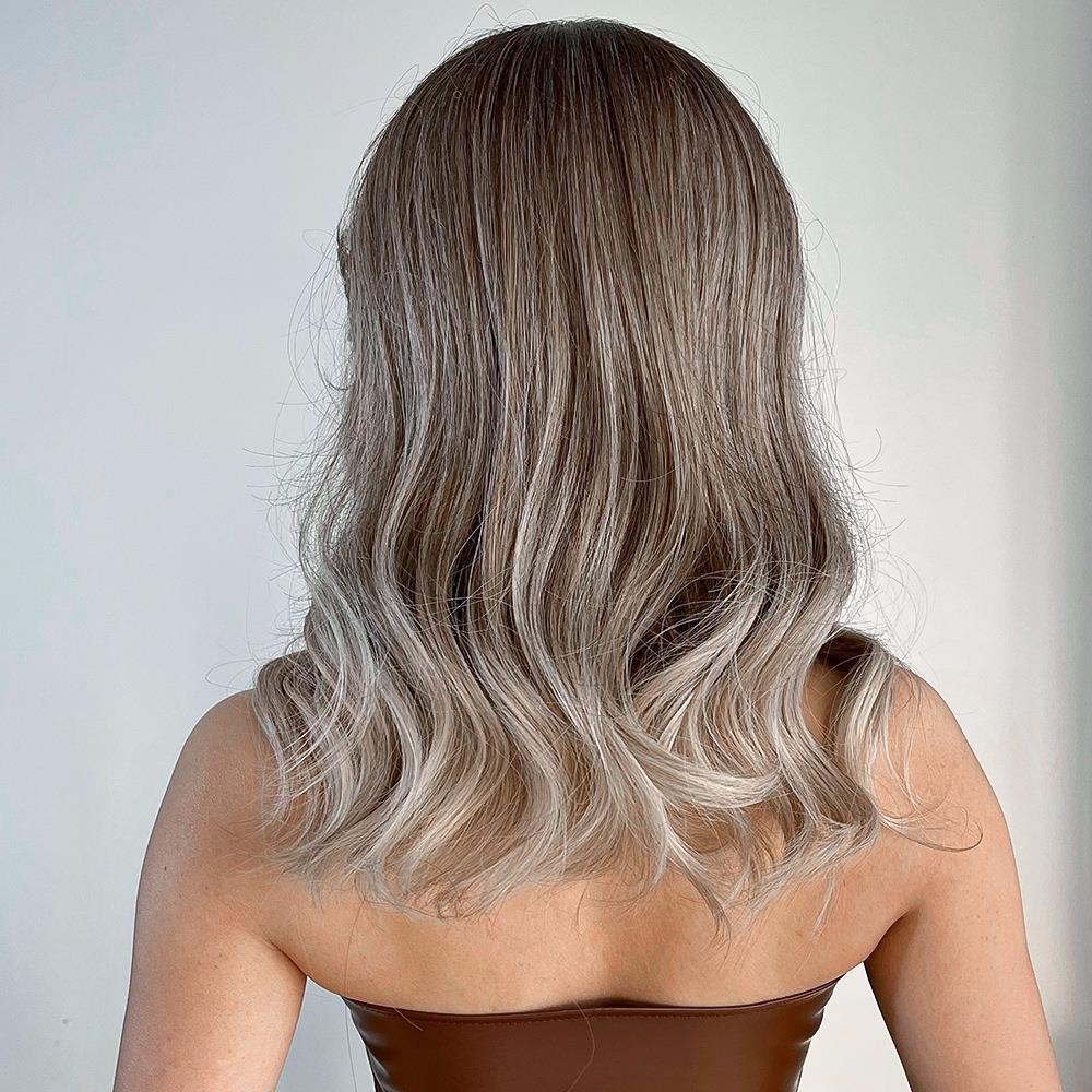 Gray brown gradient medium part French press Pop chemical fiber hair cover