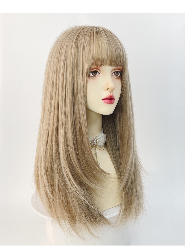 Blonde wig female long hair full head cover-type beige gold linen light