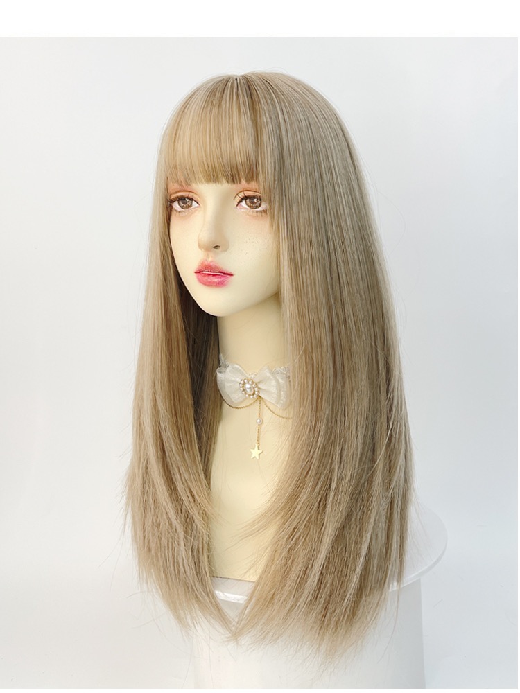Blonde wig female long hair full head cover-type beige gold linen light