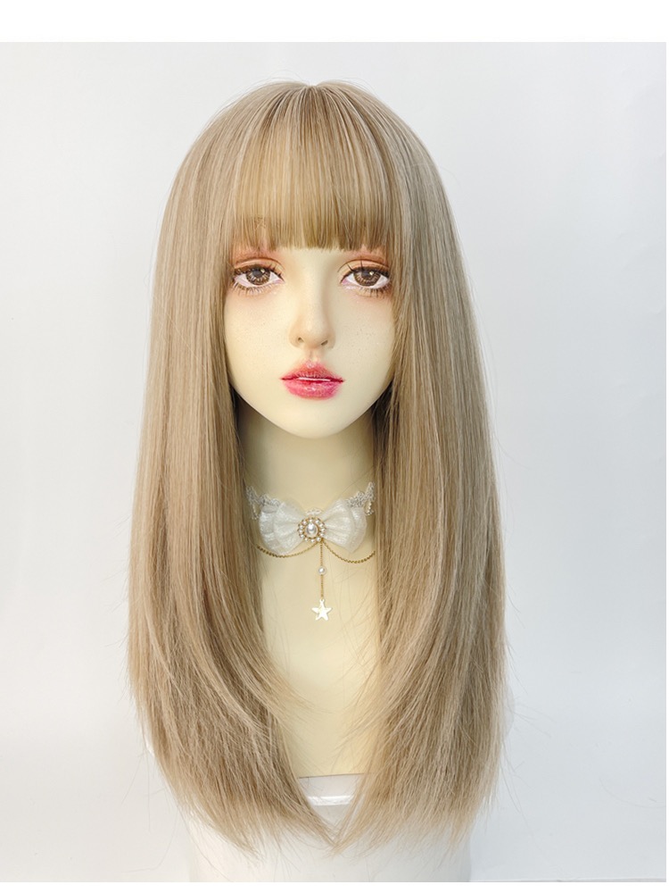Blonde wig female long hair full head cover-type beige gold linen light