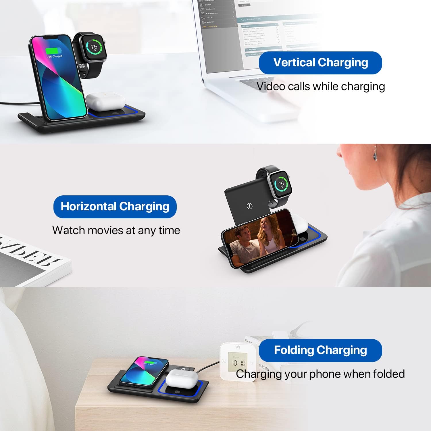 Wireless Charger, 3 in 1 Wireless Charging Station, Fast Wireless Charger Stand for iPhone