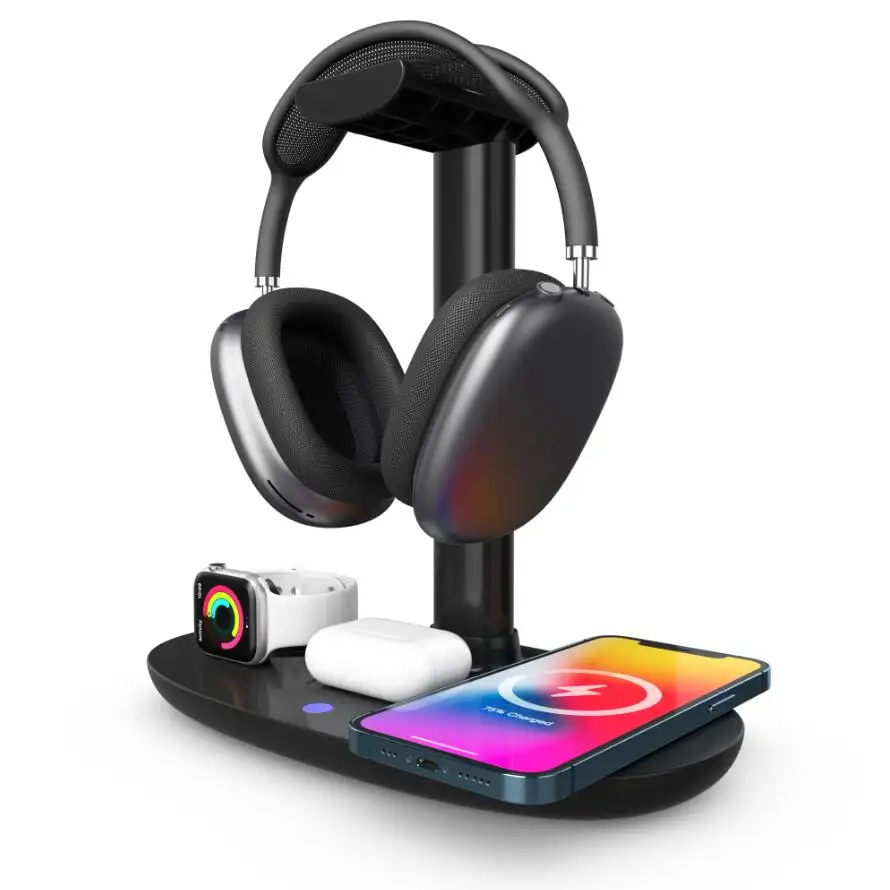 15W Wireless Charger Headphone Stand: 4-in-1 Qi Charging Station for AirPods Max/Pro/2/3, iWatch