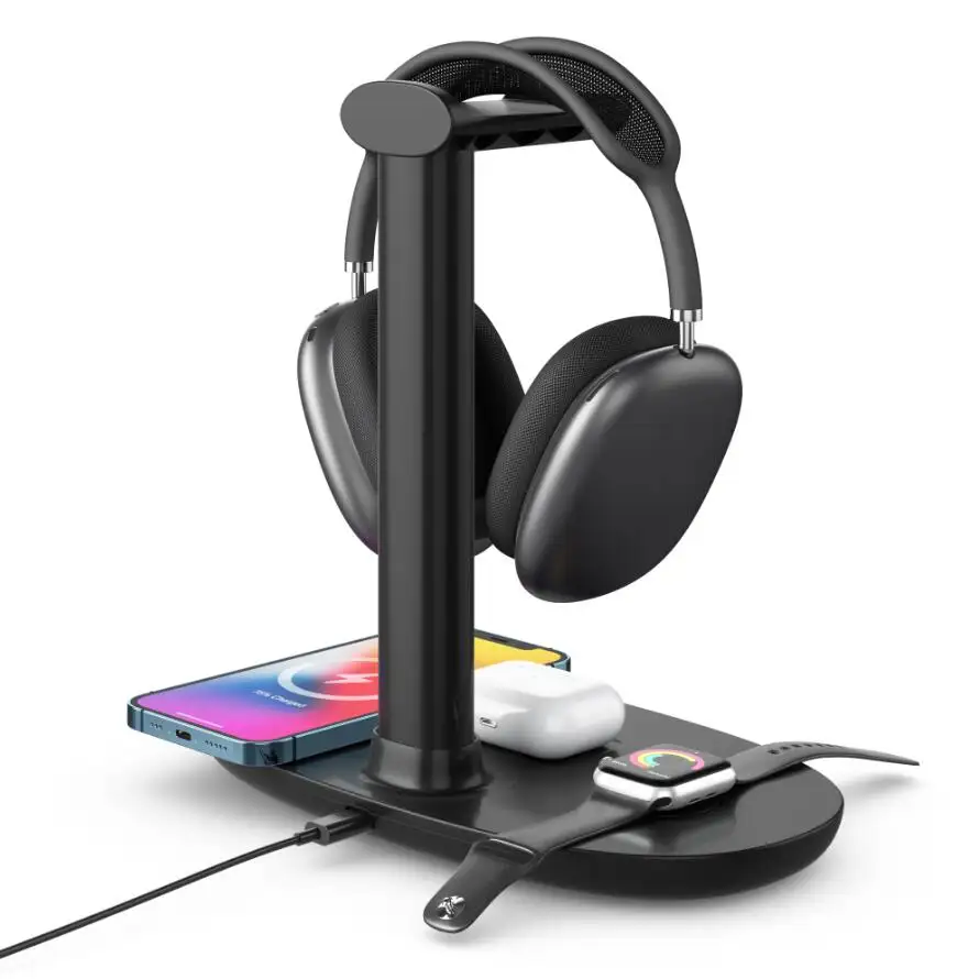 15W Wireless Charger Headphone Stand: 4-in-1 Qi Charging Station for AirPods Max/Pro/2/3, iWatch