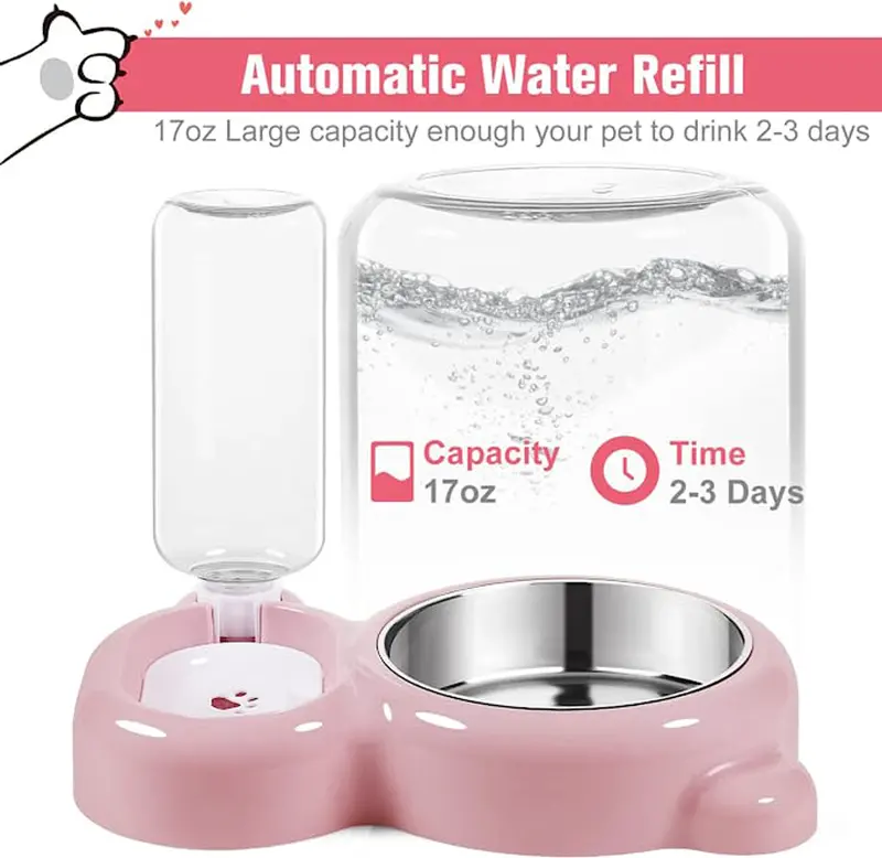 Double Bowls with Automatic Water Dispenser Bottle: The Perfect Pet Water & Food Bowl Set for Small Dogs & Cats!